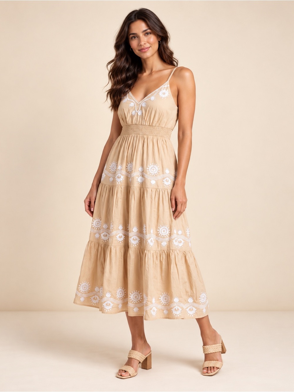 Lilly Pulitzer Beige Embroidered Tiered Midi Dress.